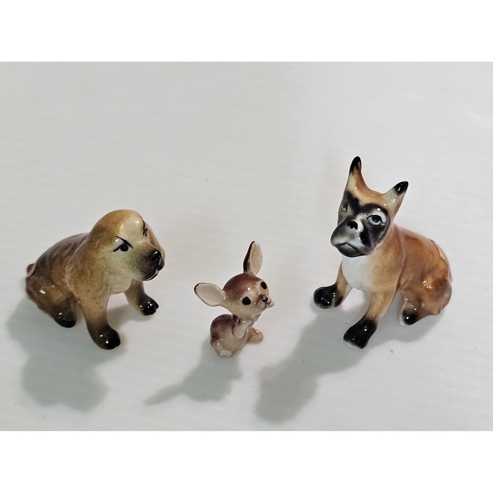 Vintage Miniature Ceramic Dog Figurines Set of 3 Boxer Bulldog Chihuahua Brown